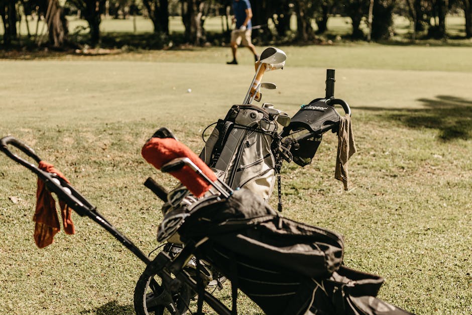 A golf bag and clubs on a sunny golf course, perfect for summer leisure.